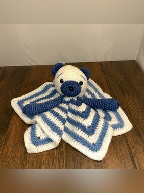 Handmade Crochet Bear Lovey Baby Childs Toy Blue White Unisex Crib Buddy Plushie
